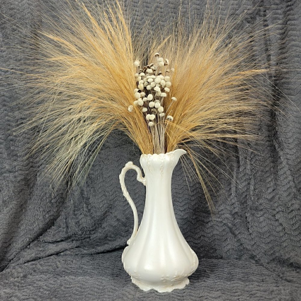 Vintage 1969 Signed Frances Coker 12” White Ceramic Pitcher Rococo Art Pottery